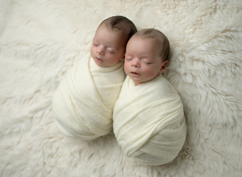 Twin newborns swaddled like two peas in a pod.
